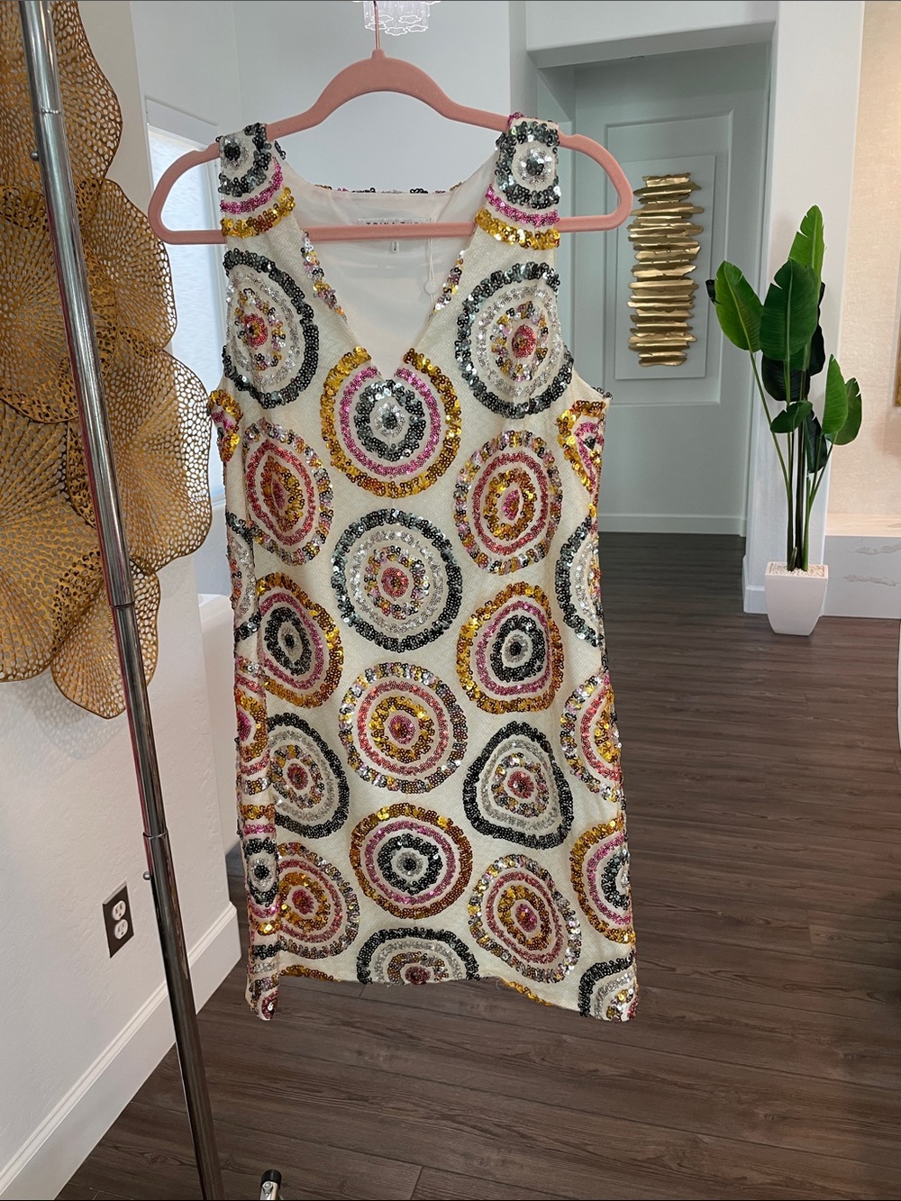 Trina Turk White Sequin Shift Dress with Pink, Gold & Black Circles